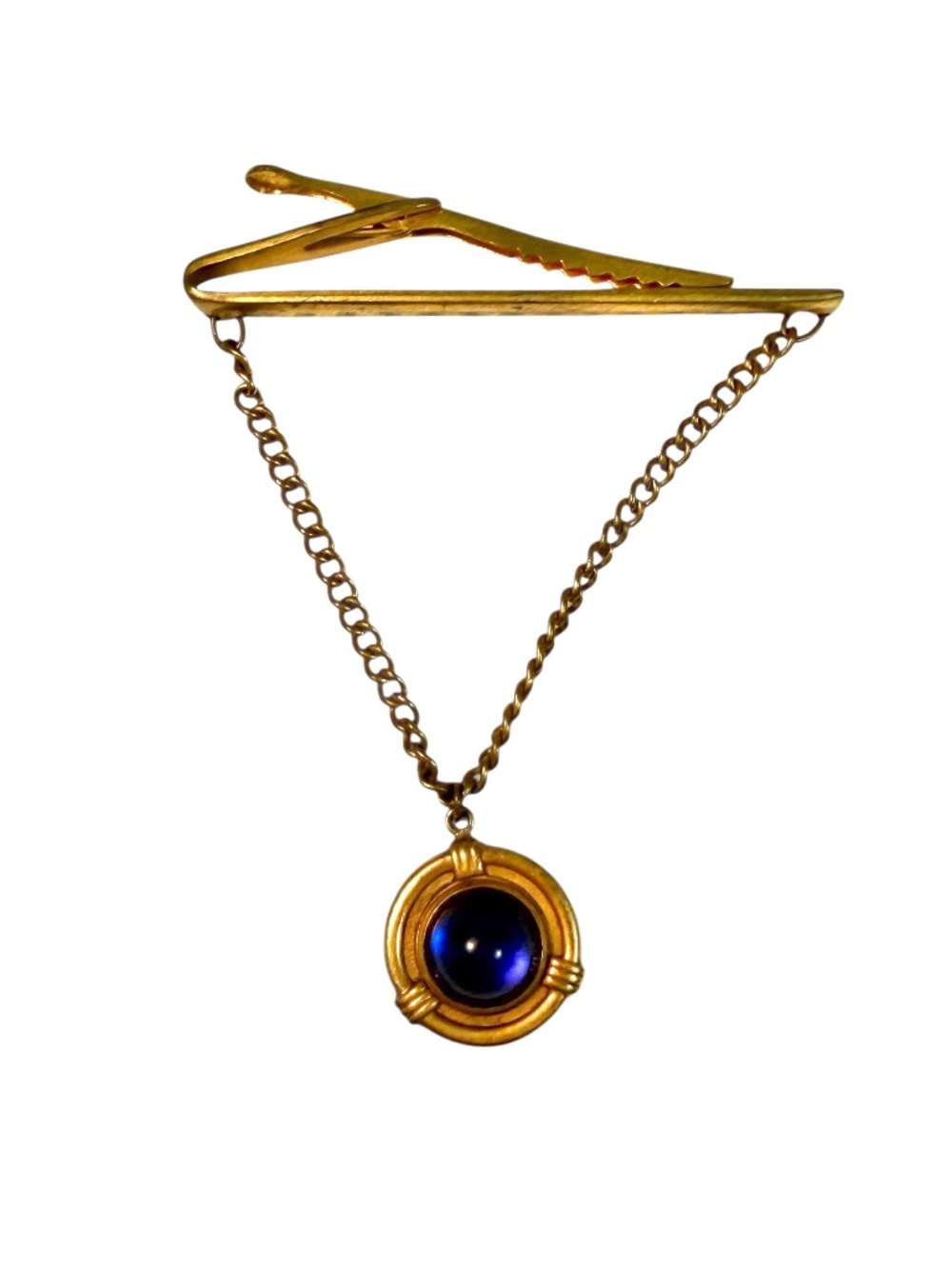 Vintage Hickok Tie Clip Clasp w/ Chain, Round Blue Stone
